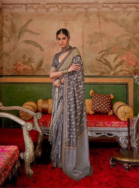 Women Grey Silk Printed Saree