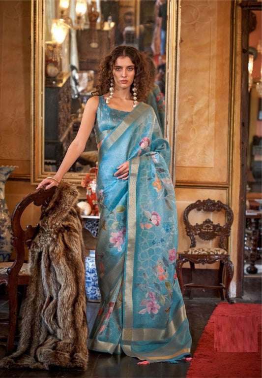 Classic Blue Soft Weaving Banarasi Floral Saree