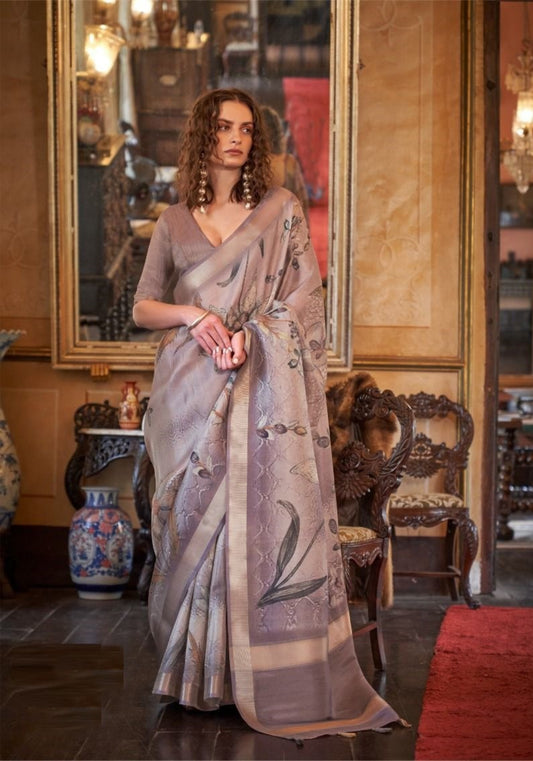 Women Grey Soft Weaving Banarasi Floral Saree