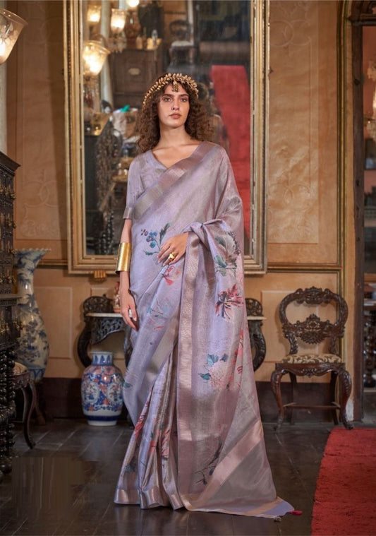 Elegant Light Grey Soft Weaving Banarasi Floral Saree
