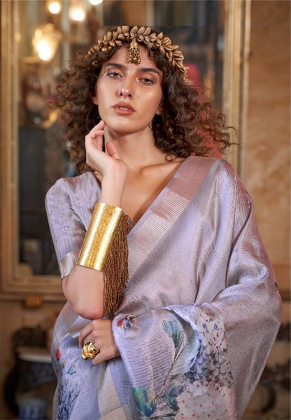 Elegant Light Grey Soft Weaving Banarasi Floral Saree