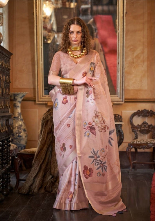 Women Peach Soft Weaving Banarasi Floral Saree