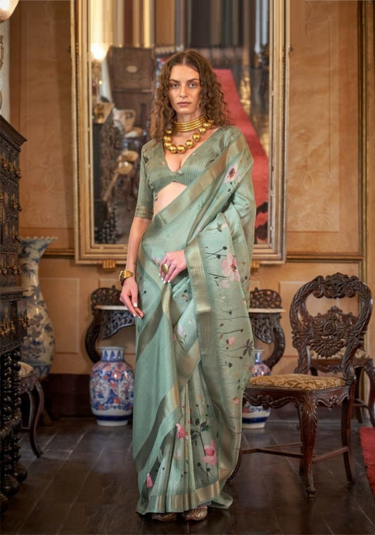 Soft Weaving Sea Green Banarasi Floral Saree
