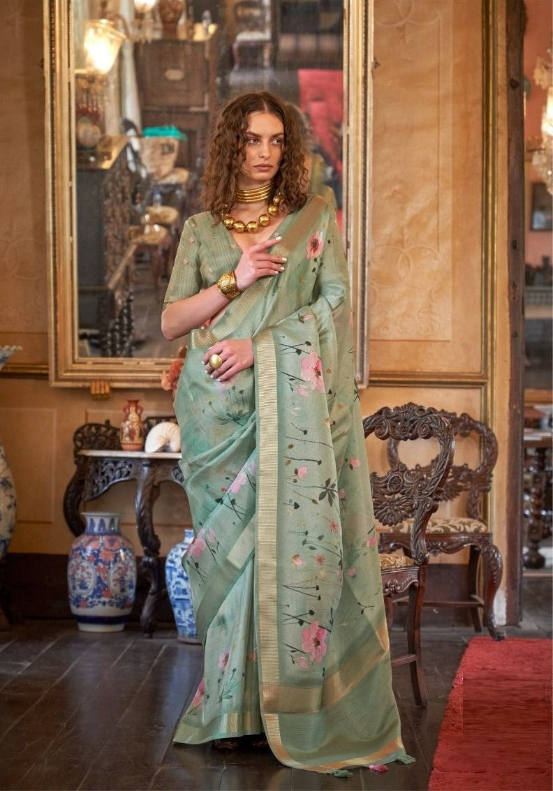 Soft Weaving Sea Green Banarasi Floral Saree