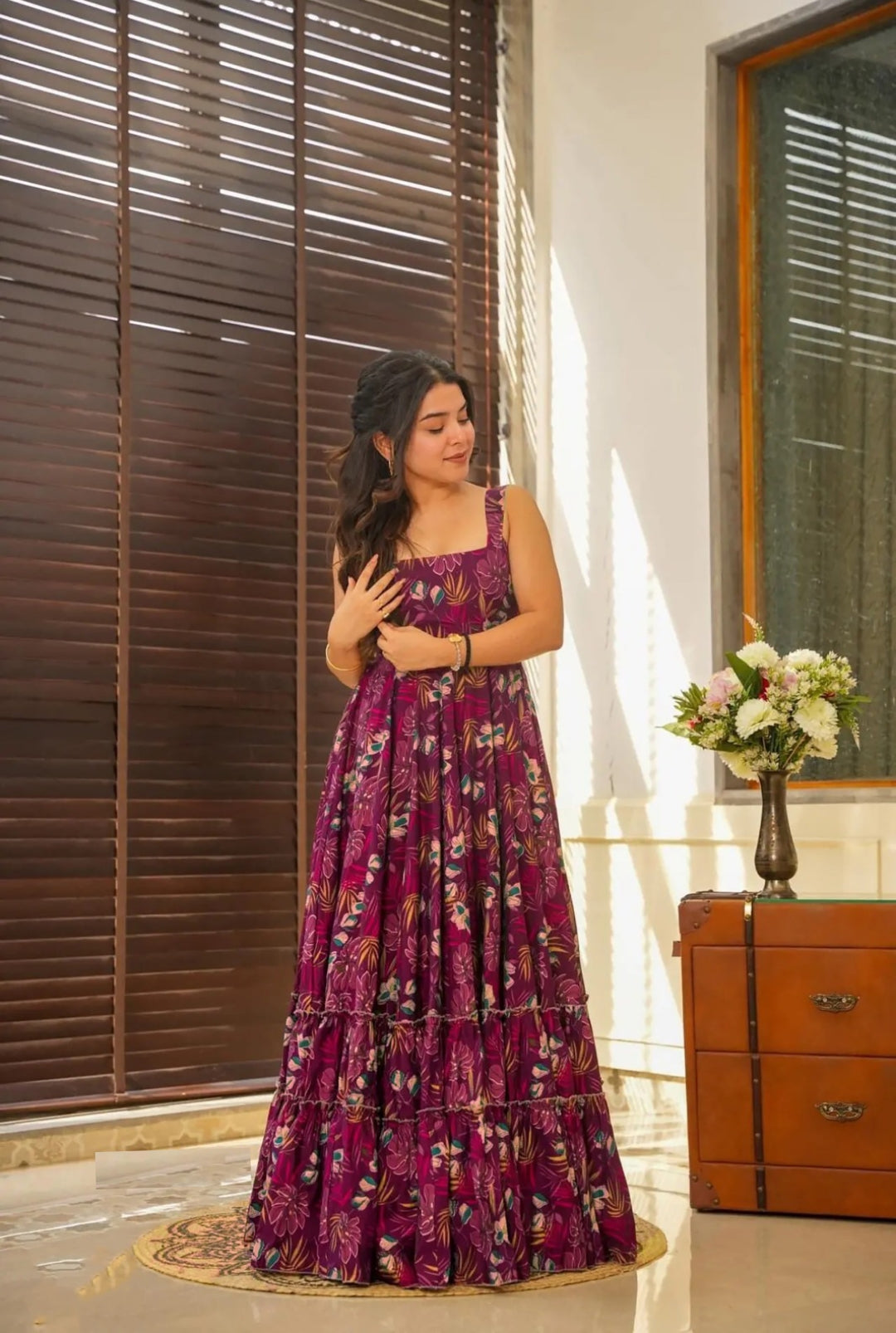 Women Burgundy Georgette Floor Length Gown