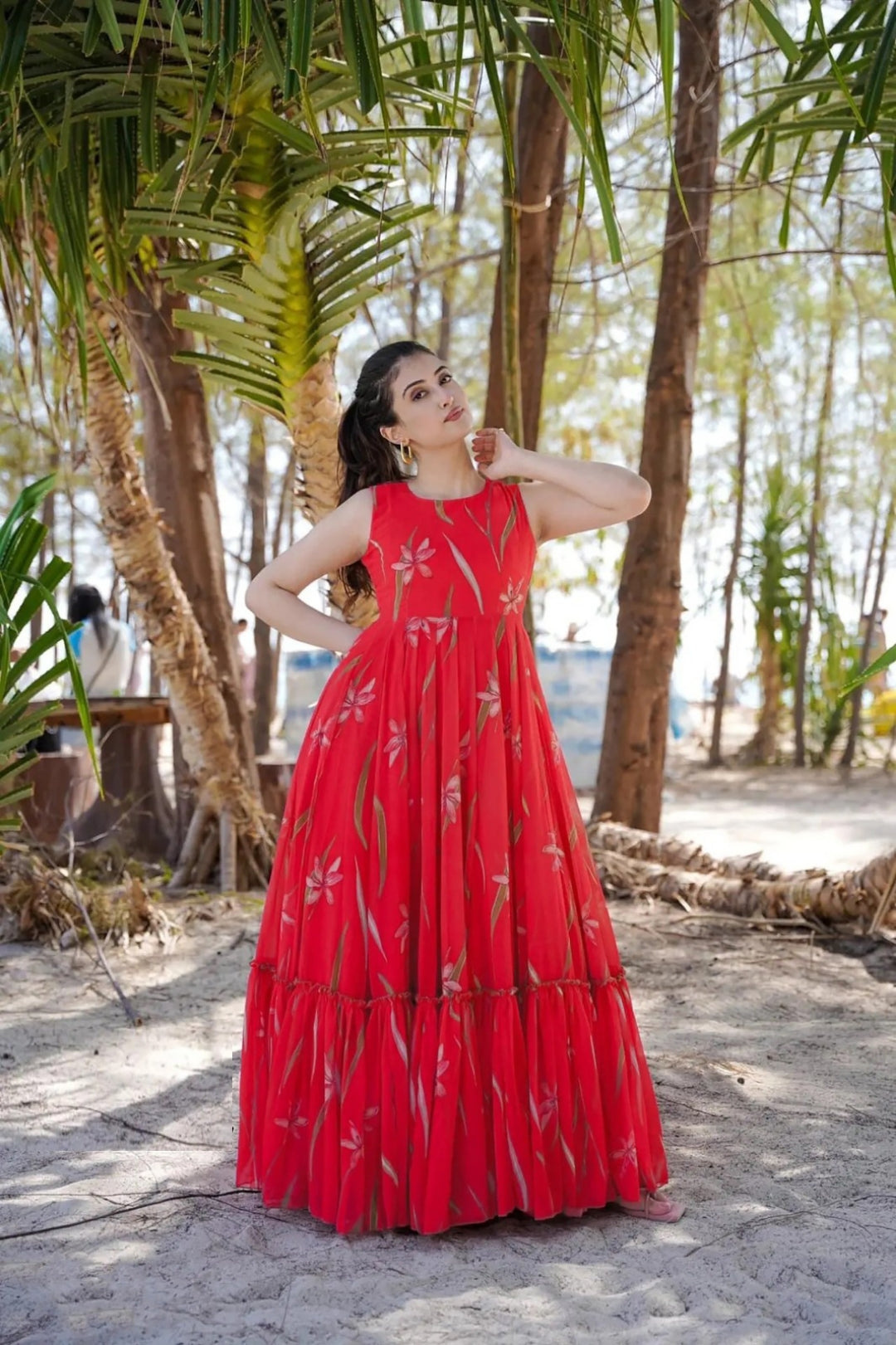 Women Tomato Red Georgette Floor Length Gown