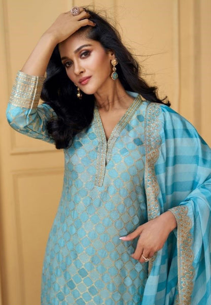 Breathtaking Light Blue Viscose Jacquard Silk Suit Set