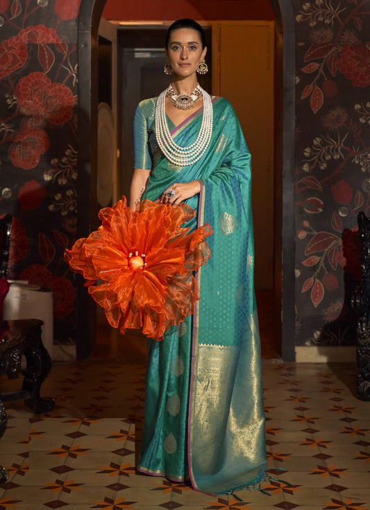 Spectacular Teal Weaving Silk Handloom Saree