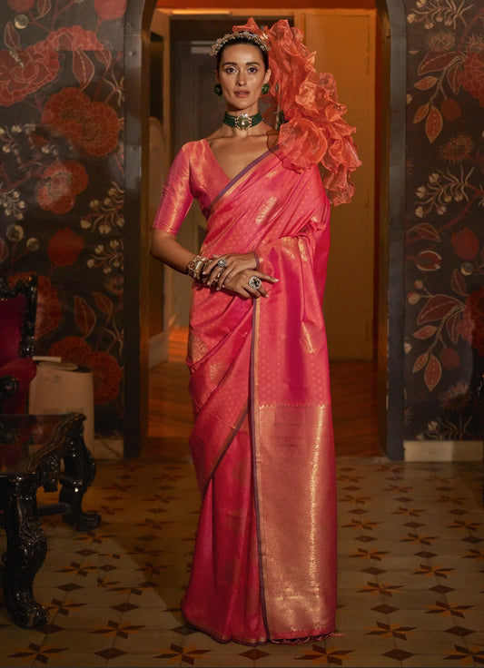 Exquisite Pink Weaving Silk Handloom Saree