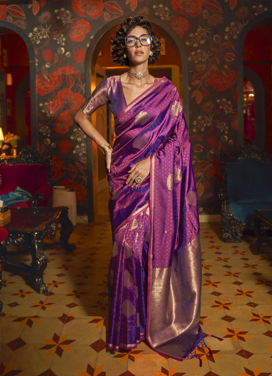 Amazing Purple Weaving Silk Handloom Saree