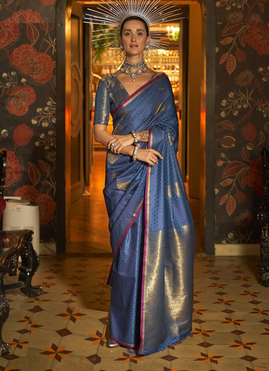 Fantastic Blue Weaving Silk Handloom Saree