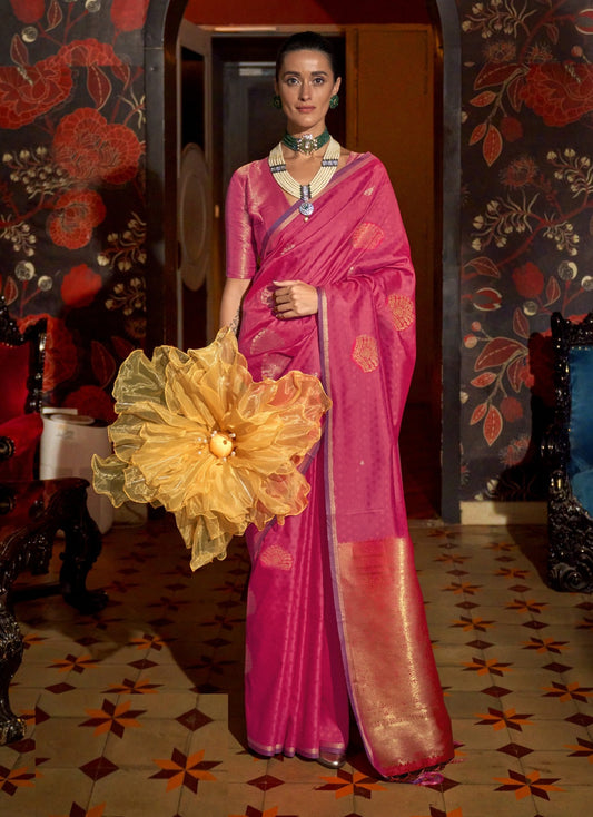Elegant Pink Weaving Silk Handloom Saree