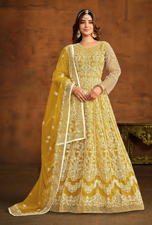 Stylish Mustard Net Floor Length Suit Set With Embroidery Work