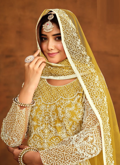 Stylish Mustard Net Floor Length Suit Set With Embroidery Work