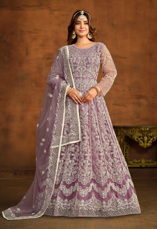 Classy Violet Net Floor Length Suit Set With Embroidery Work
