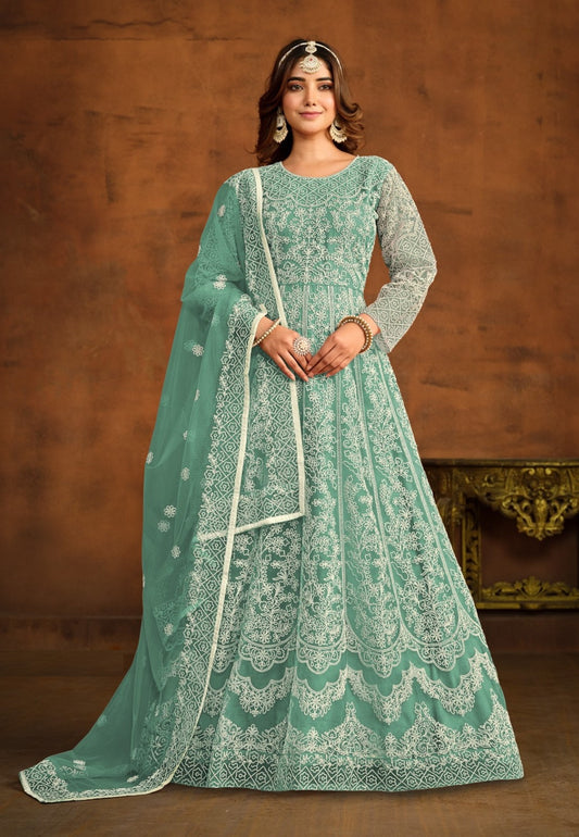 Glamorous Sea Green Net Floor Length Suit Set With Embroidery Work