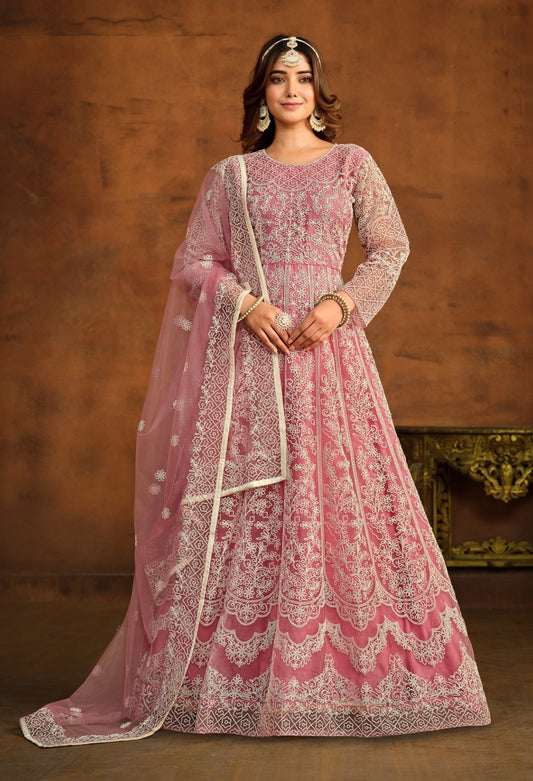 Flawless Light Pink Net Floor Length Suit Set With Embroidery Work