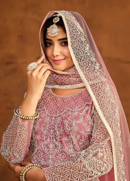 Flawless Light Pink Net Floor Length Suit Set With Embroidery Work