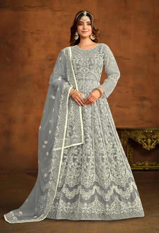 Dazzling Grey Net Floor Length Suit Set With Embroidery Work