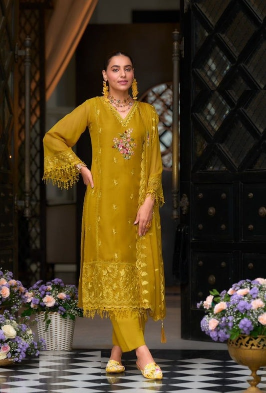 Women Mustard Soft Blooming Organza Organza Suit Set