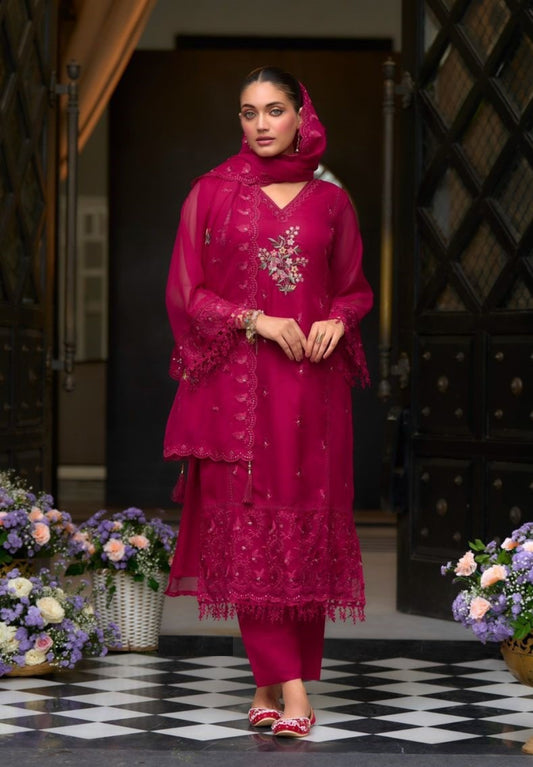 Women Dark Pink Soft Blooming Organza Organza Suit Set