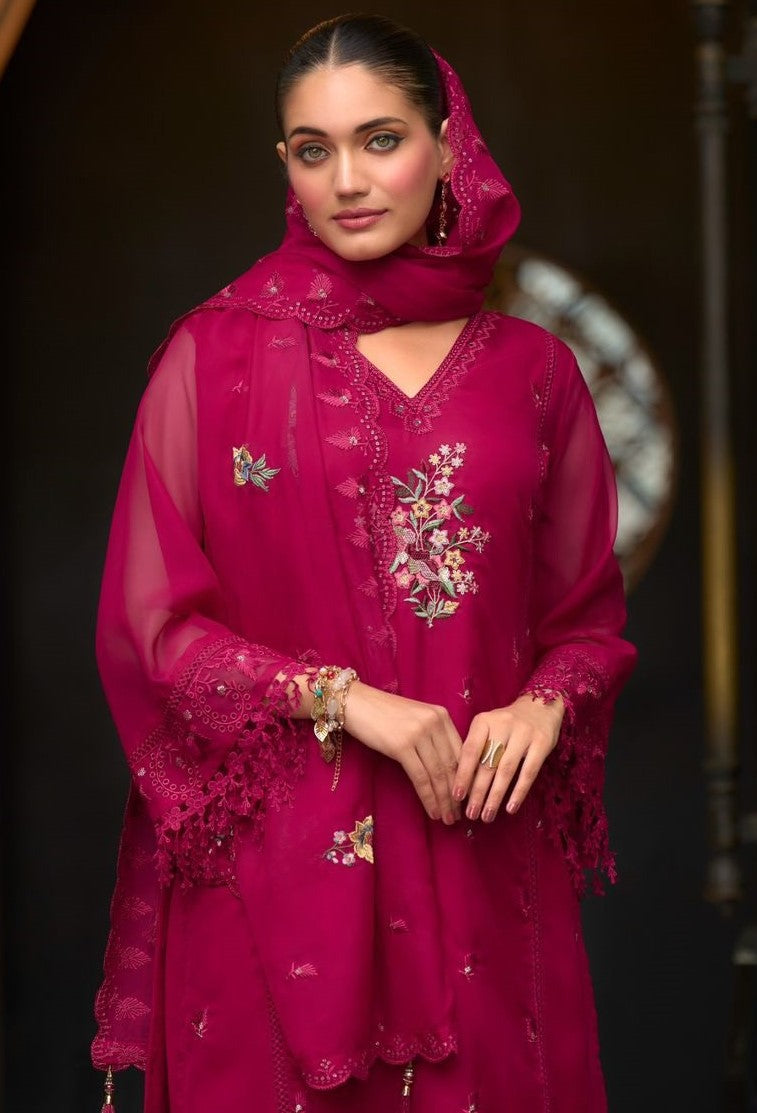 Women Dark Pink Soft Blooming Organza Organza Suit Set