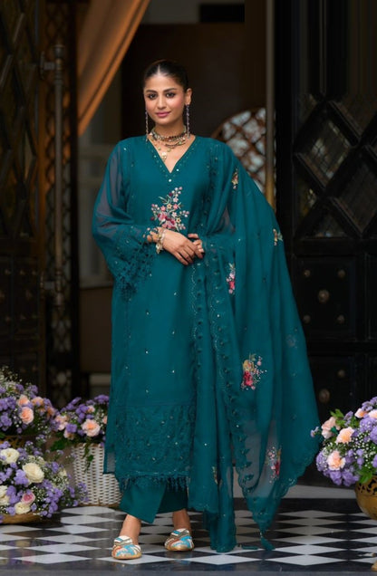 Women Dark Teal Soft Blooming Organza Organza Suit Set