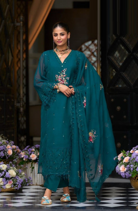 Women Dark Teal Soft Blooming Organza Organza Suit Set