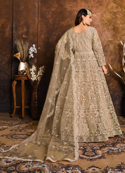 Exquisit Beige Net Floor Length Suit Set