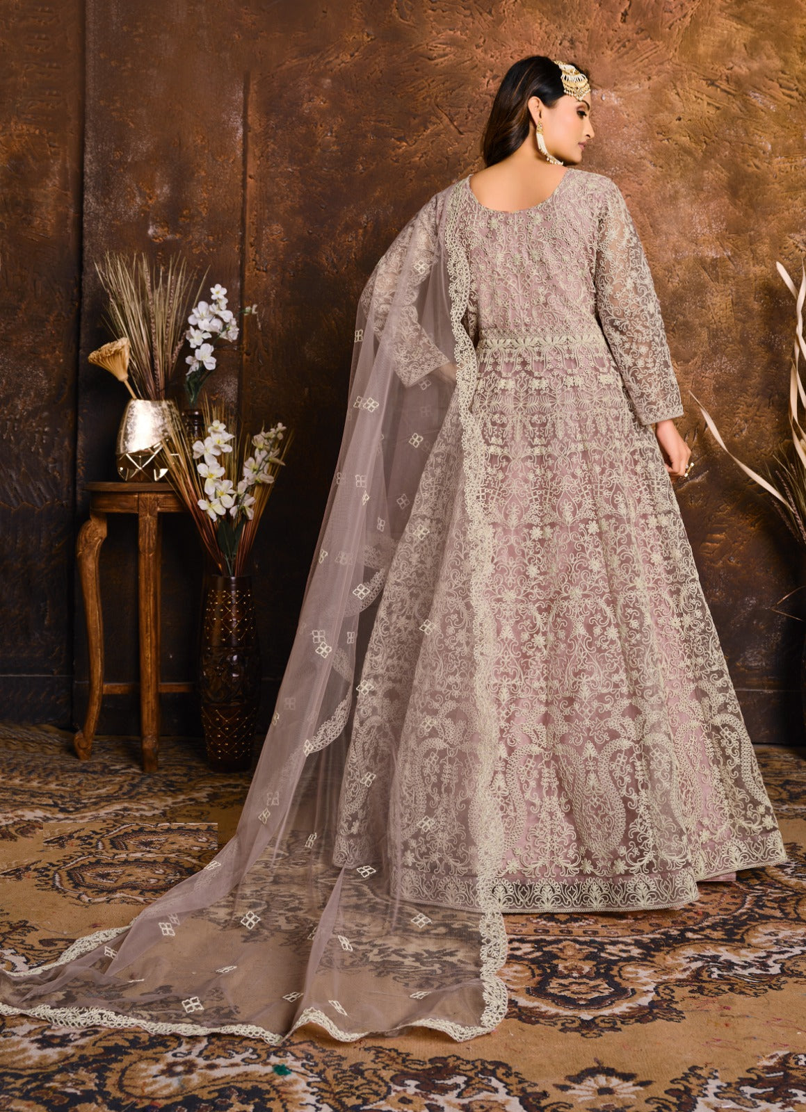 Spectacular Violet Net Floor Length Suit Set