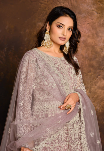 Spectacular Violet Net Floor Length Suit Set