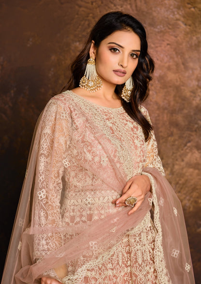 Captivating Peach Net Floor Length Suit Set