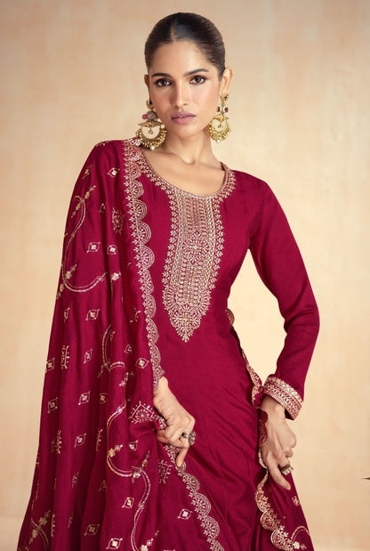 Women Burgundy Silk Gown With Dupatta