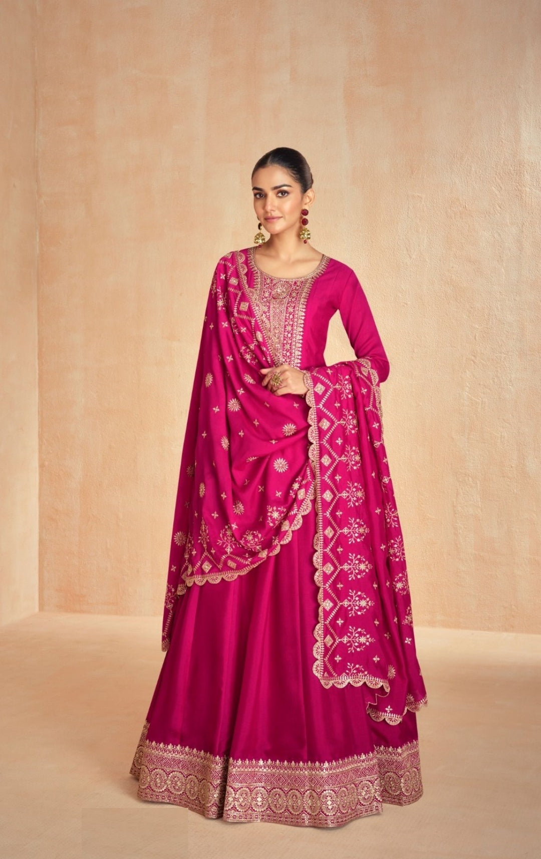 Women Pink Silk Gown With Dupatta