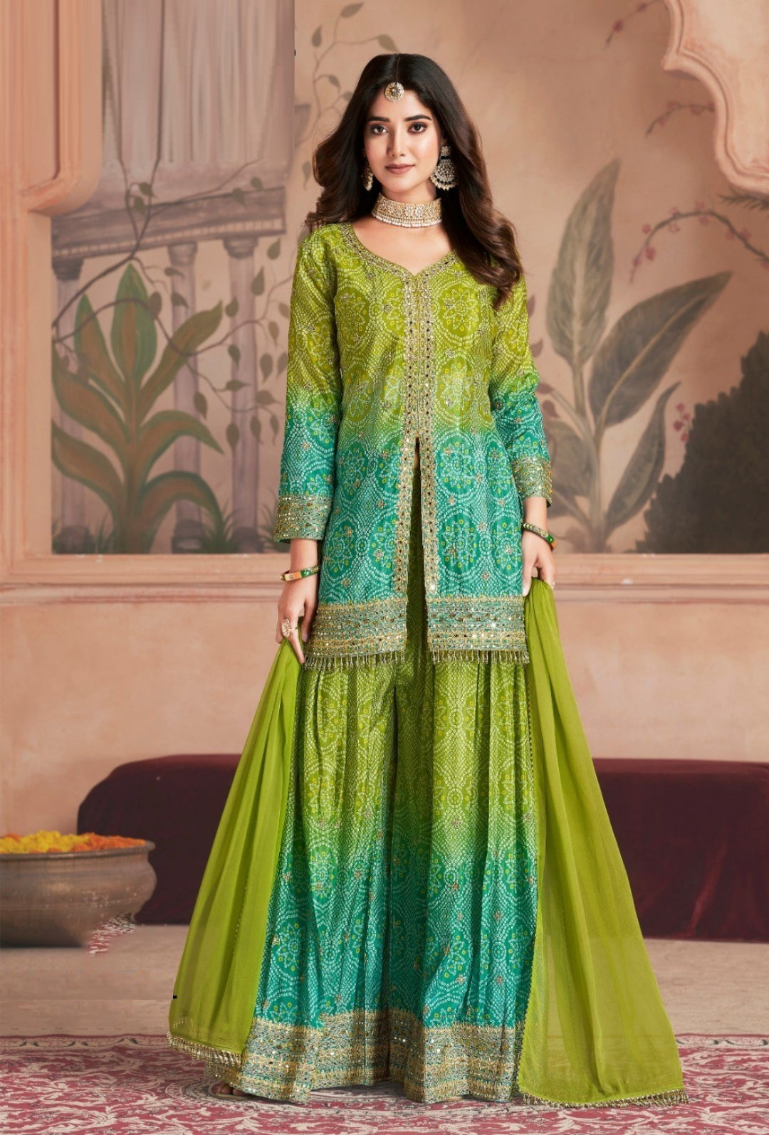 Lovely Green And Teal Chinon Palazzo Suit Set