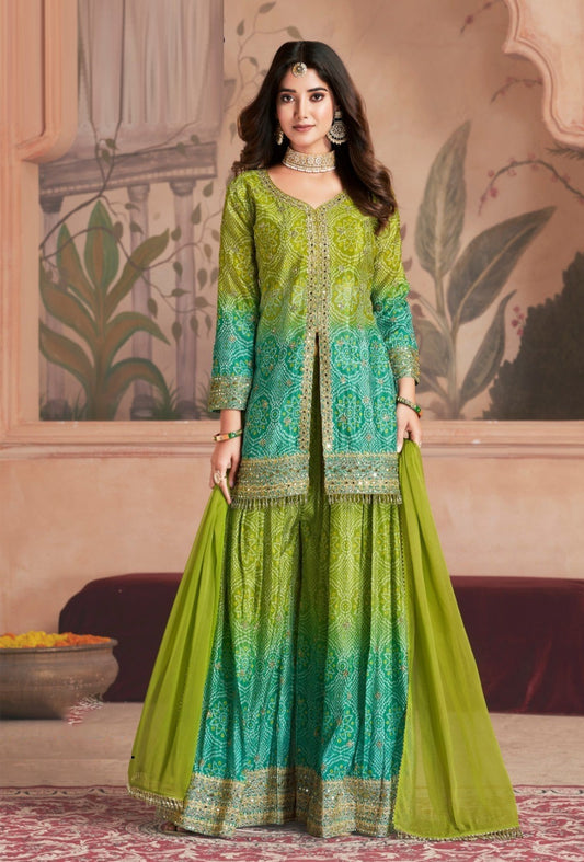 Lovely Green And Teal Chinon Palazzo Suit Set