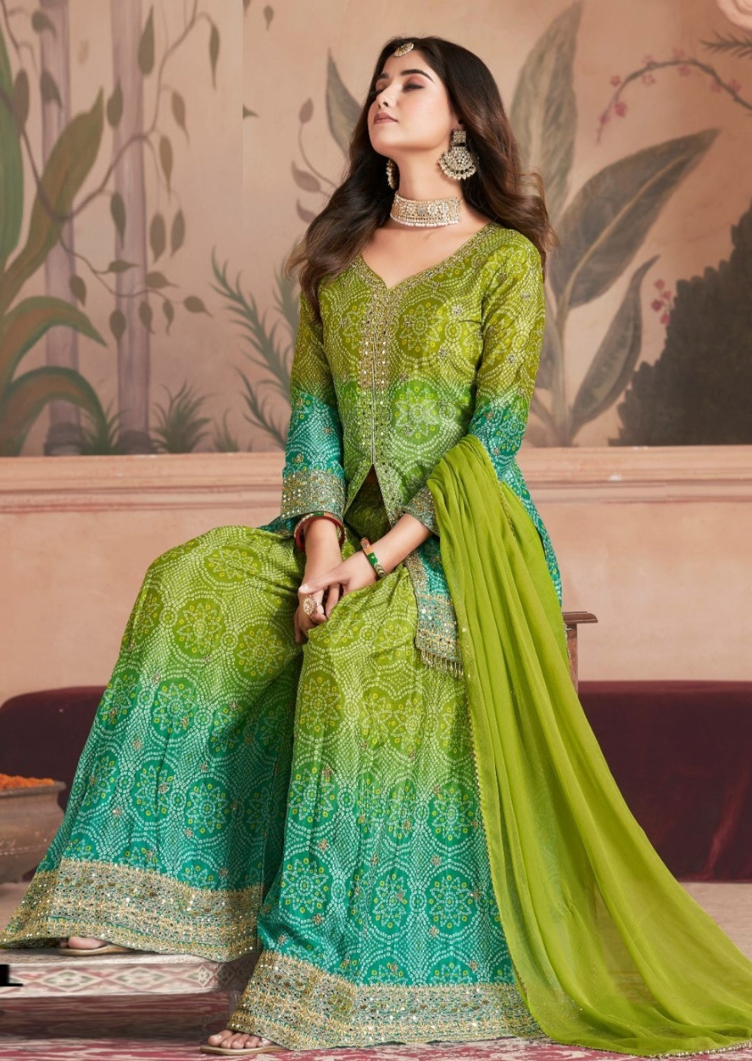 Lovely Green And Teal Chinon Palazzo Suit Set