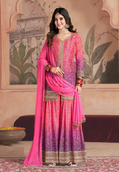Stunnig Pink And Purple Chinon Palazzo Suit Set