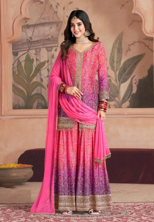 Stunnig Pink And Purple Chinon Palazzo Suit Set