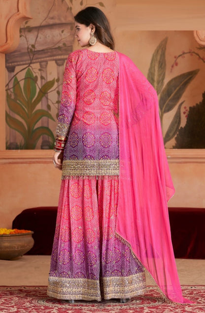 Stunnig Pink And Purple Chinon Palazzo Suit Set