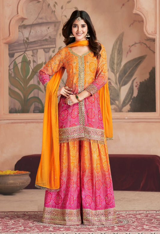 Gorgeous Pink And Orange Chinon Palazzo Suit Set