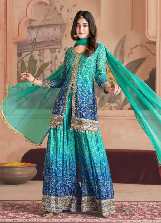 Fantastic Teal And Blue Chinon Palazzo Suit Set
