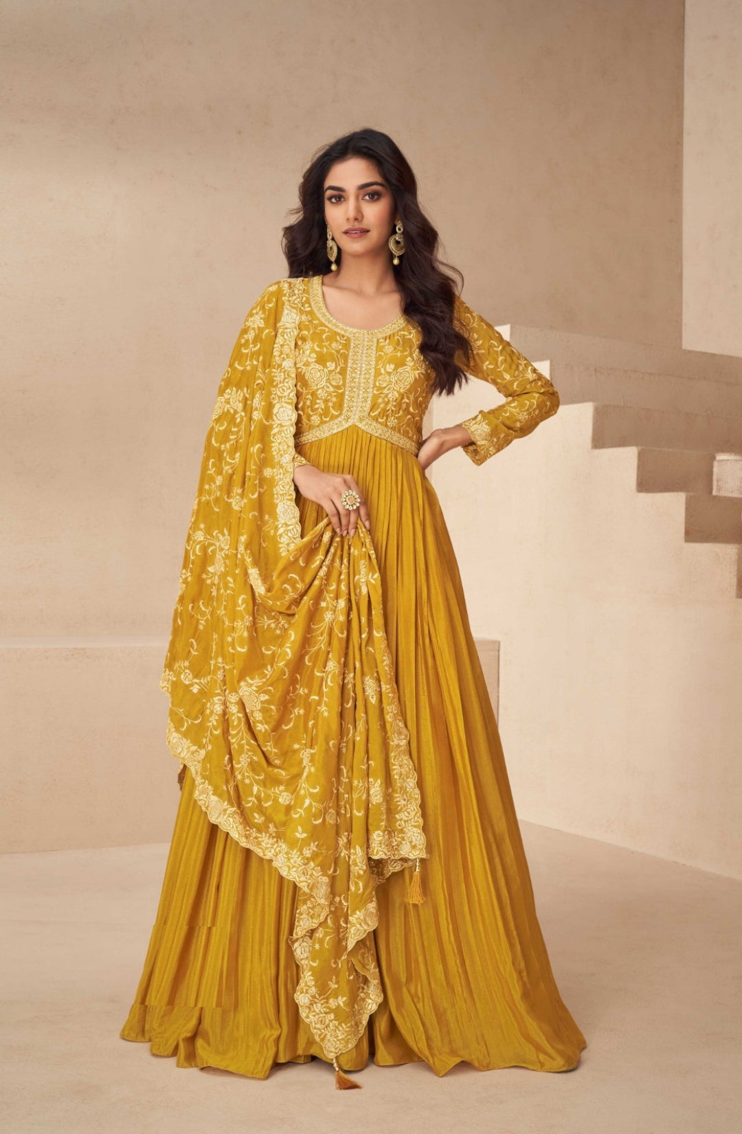 Women Mustard Chinon Silk Gown With Dupatta