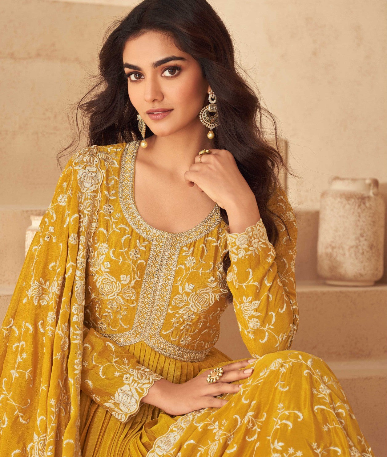 Women Mustard Chinon Silk Gown With Dupatta