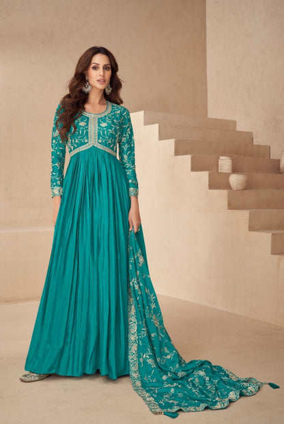 Women Teal Chinon Silk Gown With Dupatta