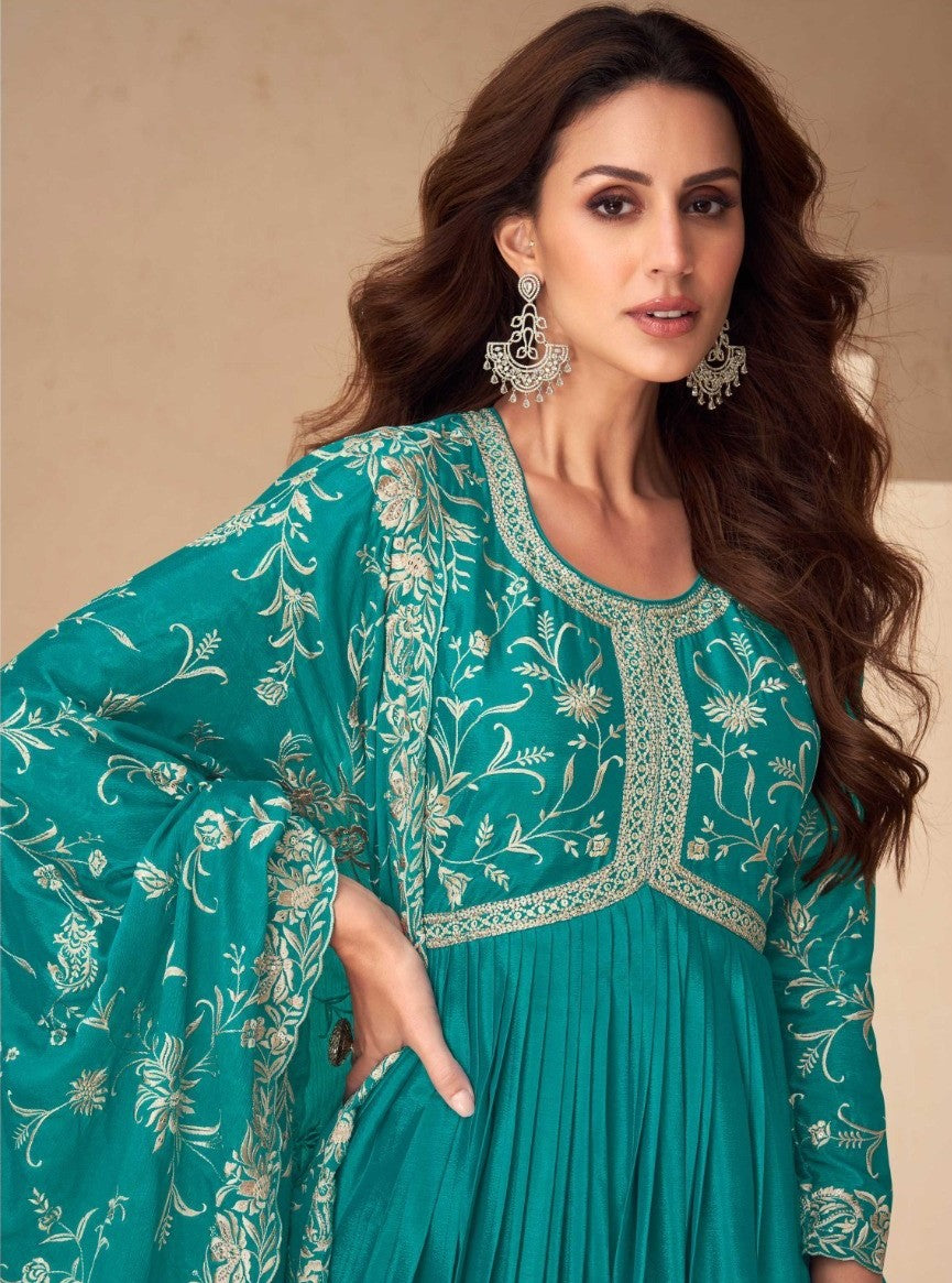 Women Teal Chinon Silk Gown With Dupatta