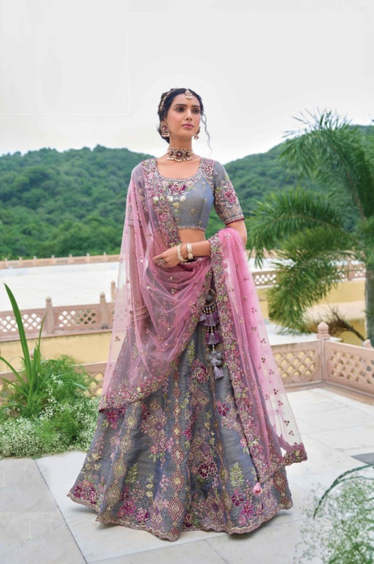 Charming Pink And Grey Silk Bridal Lehenga With Embroidery Work