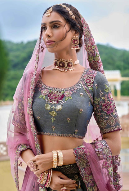 Charming Pink And Grey Silk Bridal Lehenga With Embroidery Work