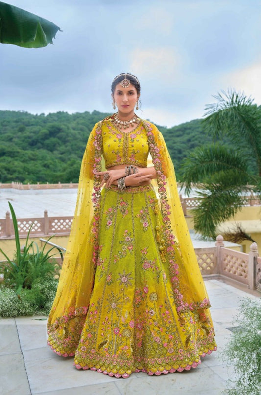 Pretty Yellow Silk Bridal Lehenga With Embroidery Work