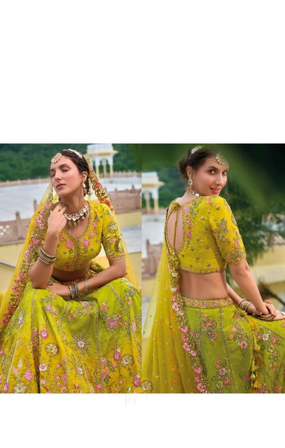 Pretty Yellow Silk Bridal Lehenga With Embroidery Work